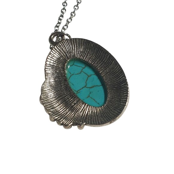 Vintage Faux Turquoise Statement Pendant Necklace Silver Tone Chain Floral Gift - Picture 2 of 5